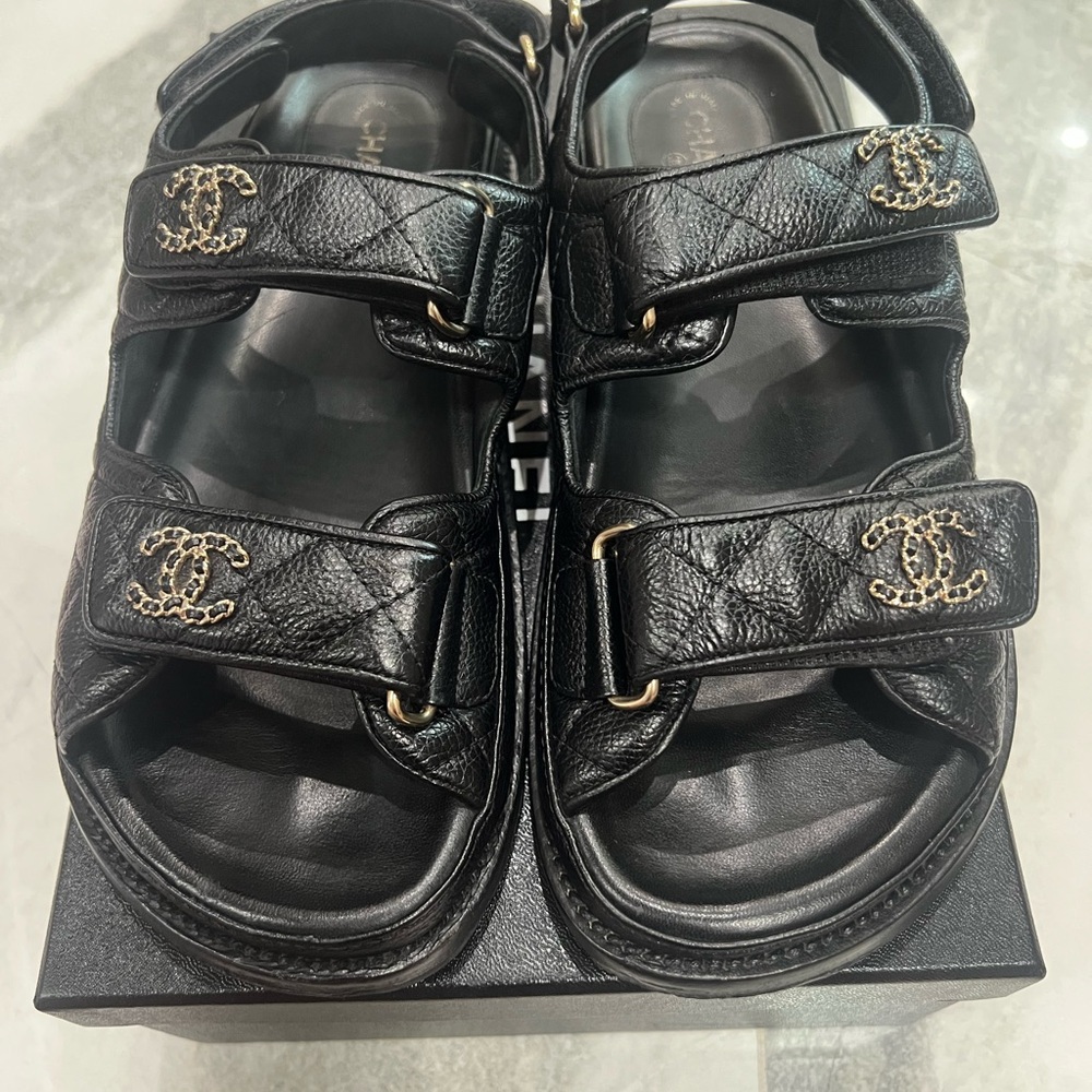 CHANEL Black Sandals with Gold Logo